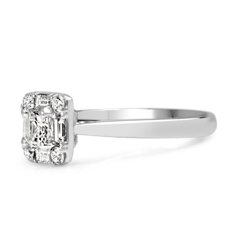 18ct White Gold Deco Style Asscher Cut Diamond Halo Ring