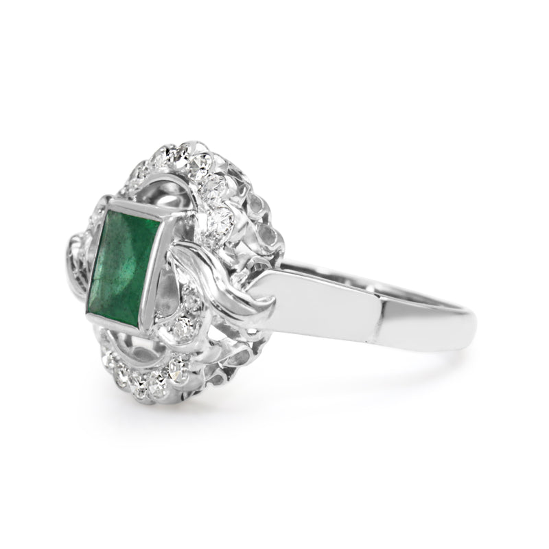 Palladium Art Deco Emerald and Diamond Ring