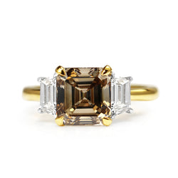 18ct Yellow and White Gold Asscher Champagne Diamond 3 Stone Ring