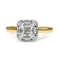 18ct Yellow and White Gold Deco Style Asscher Cut Diamond Halo Ring