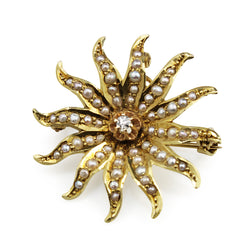 14ct Yellow Gold Antique Old Cut Diamond and Pearl Starburst Brooch/Pendant