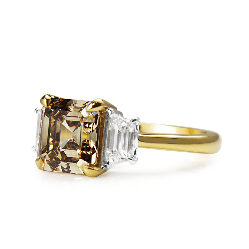 18ct Yellow and White Gold Asscher Champagne Diamond 3 Stone Ring