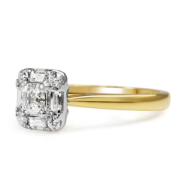 18ct Yellow and White Gold Deco Style Asscher Cut Diamond Halo Ring