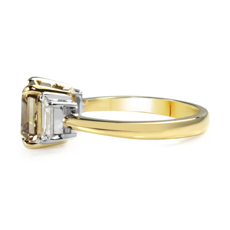 18ct Yellow and White Gold Asscher Champagne Diamond 3 Stone Ring