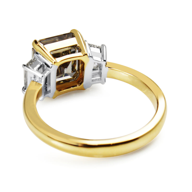 18ct Yellow and White Gold Asscher Champagne Diamond 3 Stone Ring