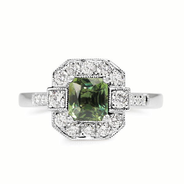 18ct White Gold Deco Style Green Sapphire and Diamond Ring