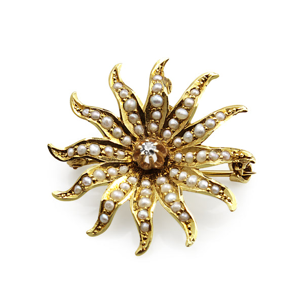 14ct Yellow Gold Antique Old Cut Diamond and Pearl Starburst Brooch/Pendant