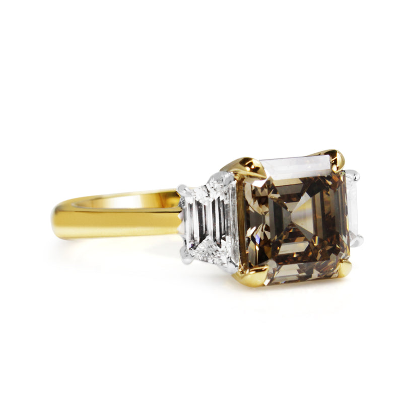 18ct Yellow and White Gold Asscher Champagne Diamond 3 Stone Ring