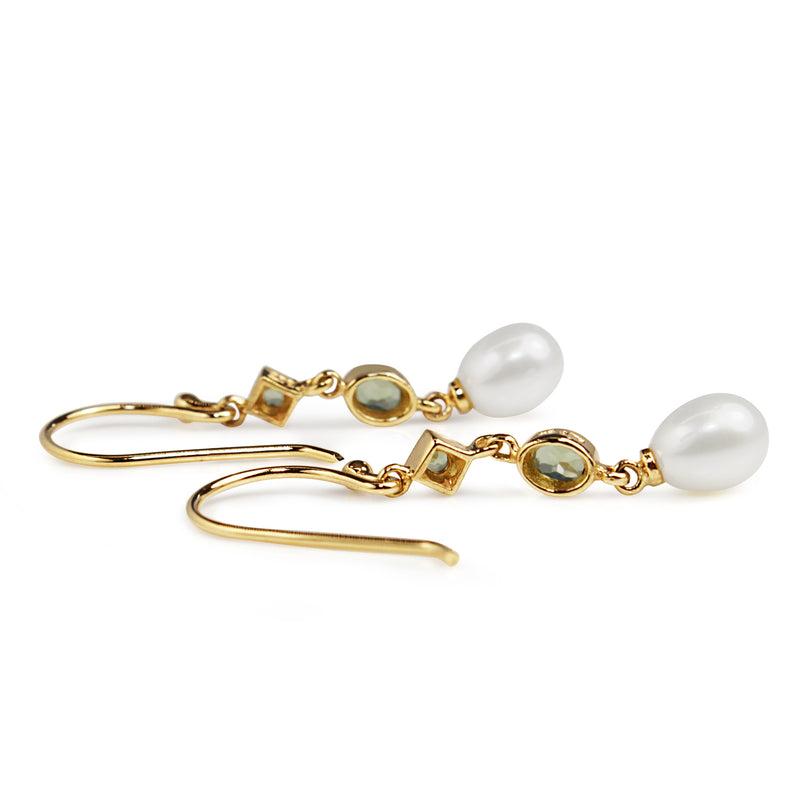 9ct Yellow Gold Peridot and Pearl Drop Earrings