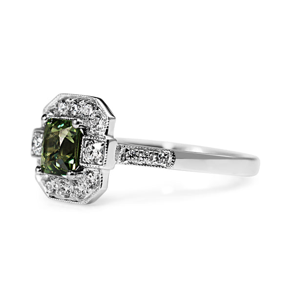 18ct White Gold Deco Style Green Sapphire and Diamond Ring