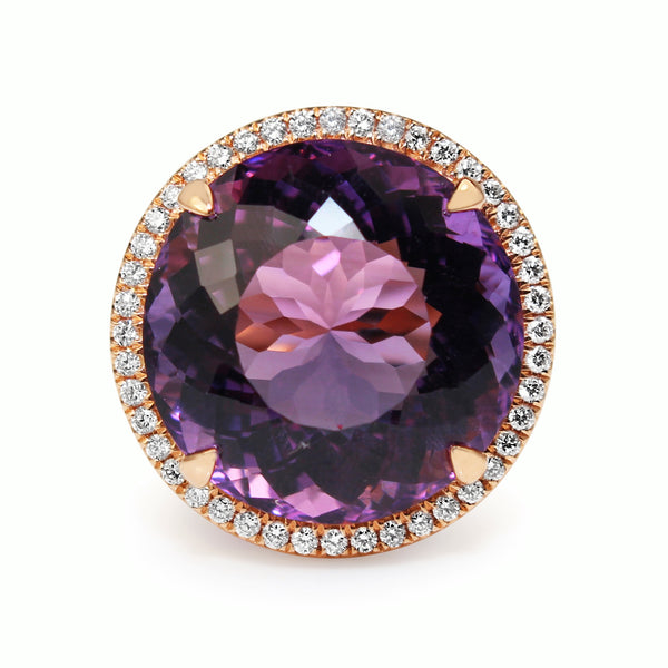18ct Rose Gold Amethyst and Diamond Halo Cocktail Ring