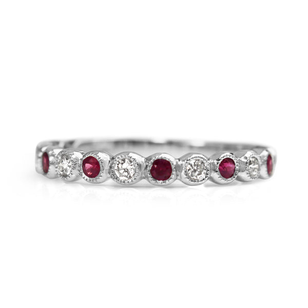 9ct White Gold Ruby and Diamond Bezel Set Band