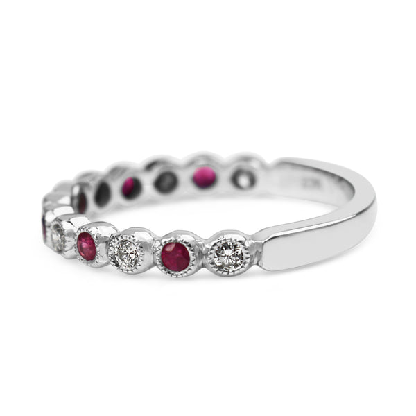 9ct White Gold Ruby and Diamond Bezel Set Band