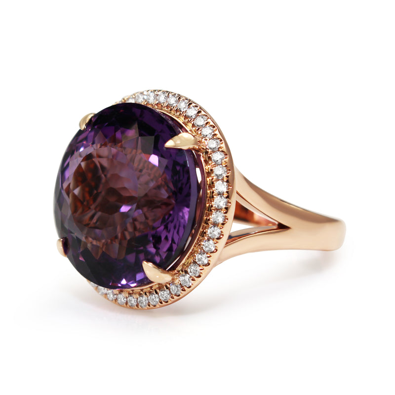 18ct Rose Gold Amethyst and Diamond Halo Cocktail Ring