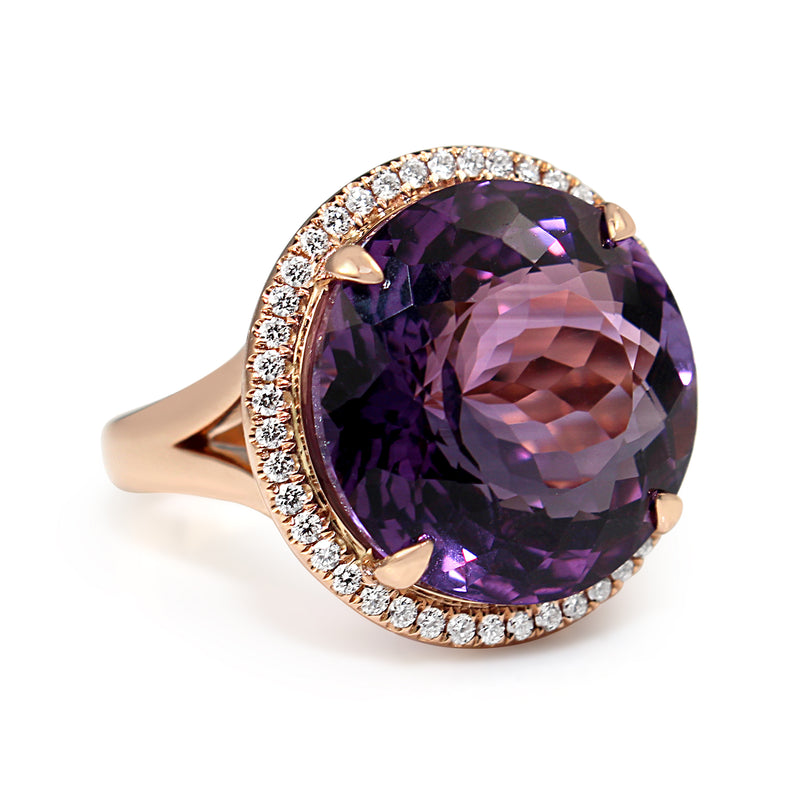 18ct Rose Gold Amethyst and Diamond Halo Cocktail Ring