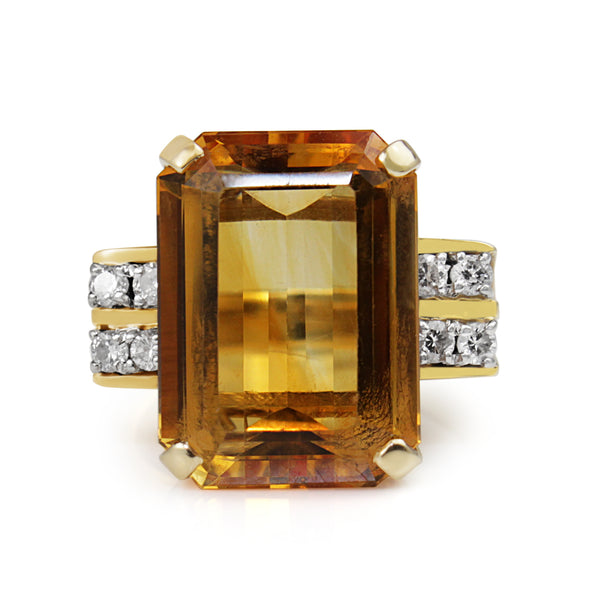 14ct Yellow Gold Retro Citrine and Diamond Cocktail Ring