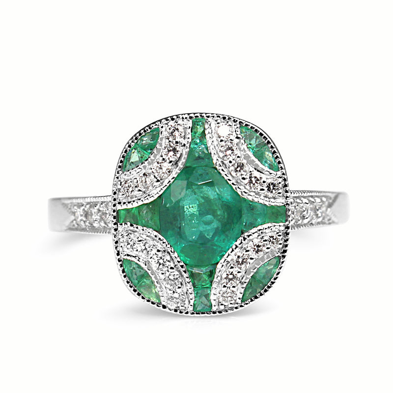 9ct White Gold Emerald and Diamond Art Deco Style Ring