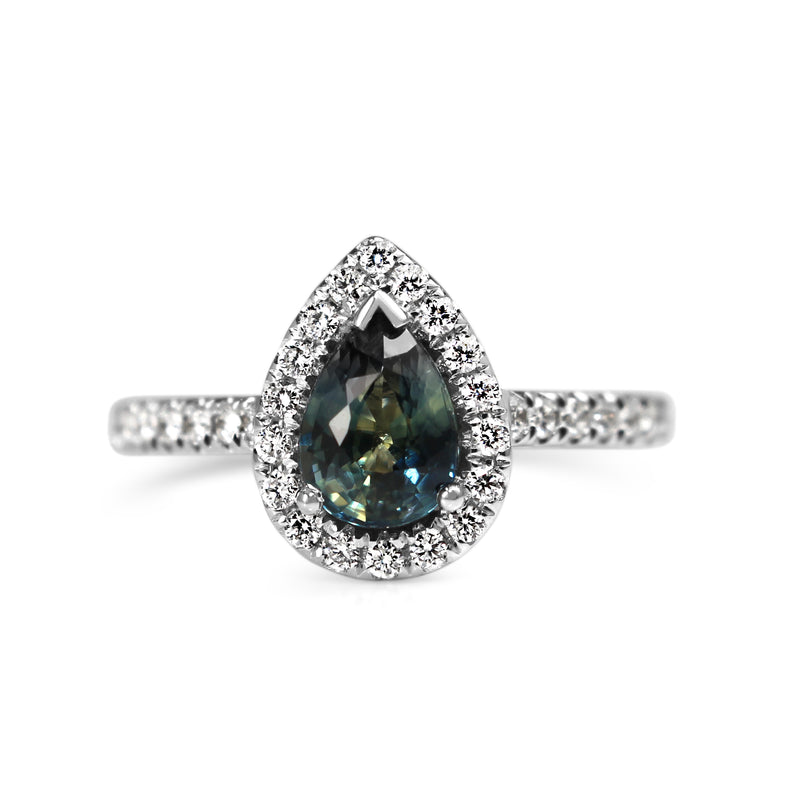 18ct White Gold Pear Teal Sapphire and Diamond Halo Ring