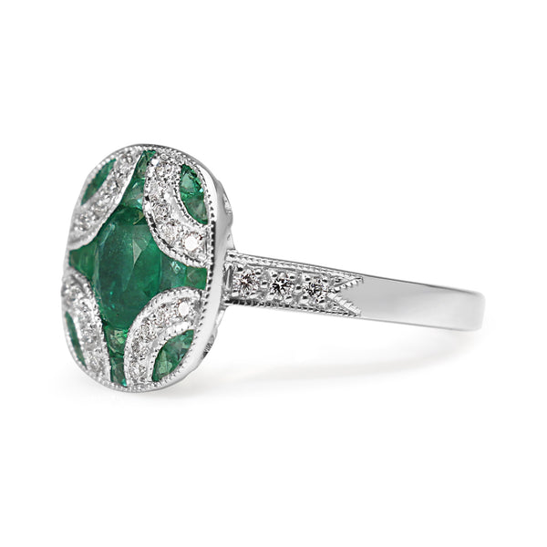 9ct White Gold Emerald and Diamond Art Deco Style Ring