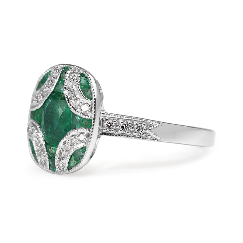 9ct White Gold Emerald and Diamond Art Deco Style Ring