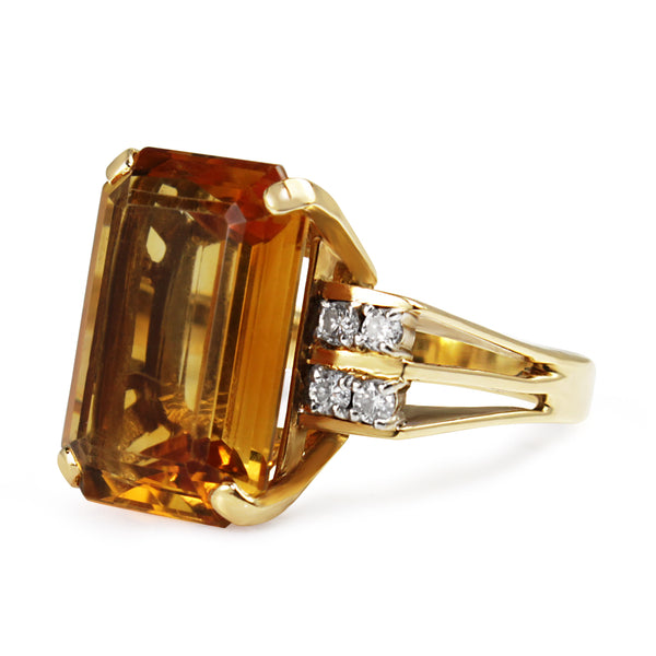 14ct Yellow Gold Retro Citrine and Diamond Cocktail Ring