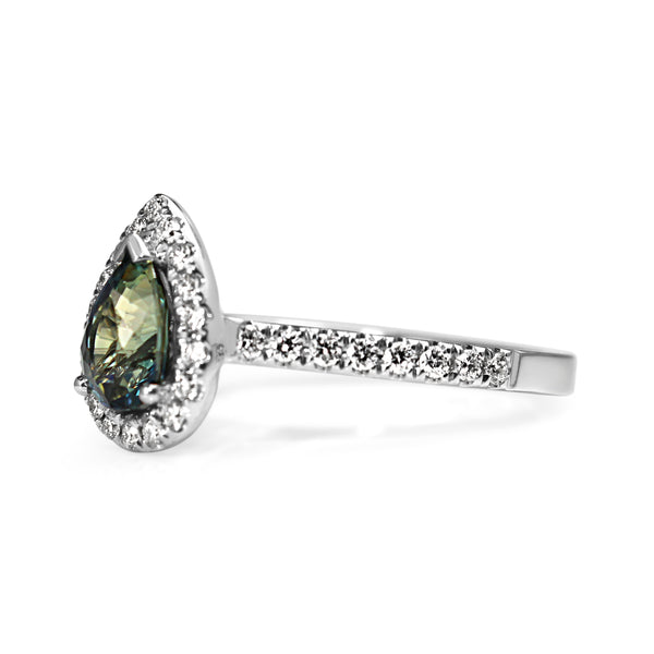 18ct White Gold Pear Teal Sapphire and Diamond Halo Ring