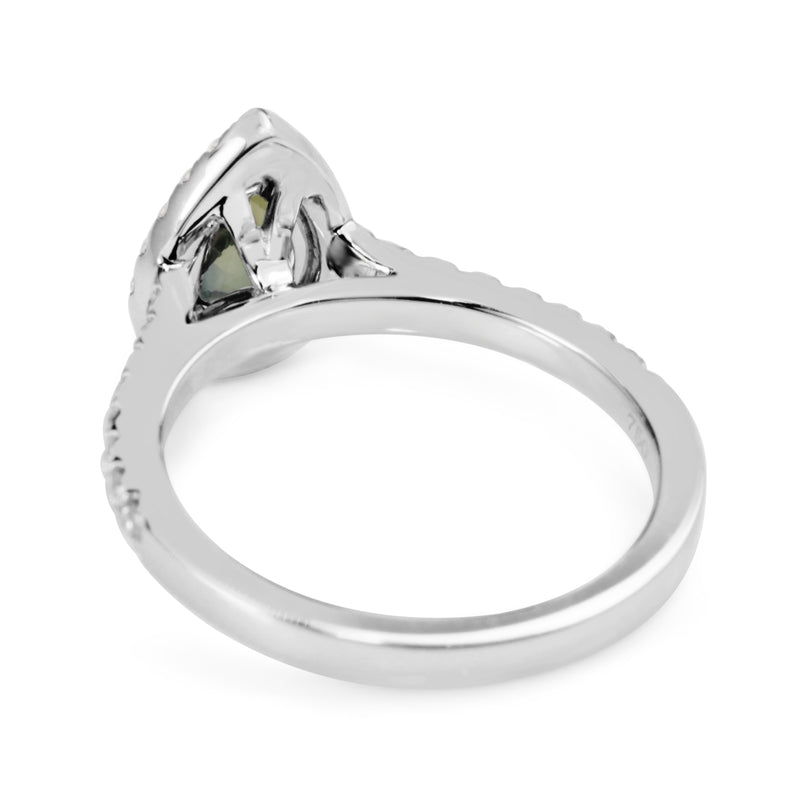 18ct White Gold Pear Teal Sapphire and Diamond Halo Ring