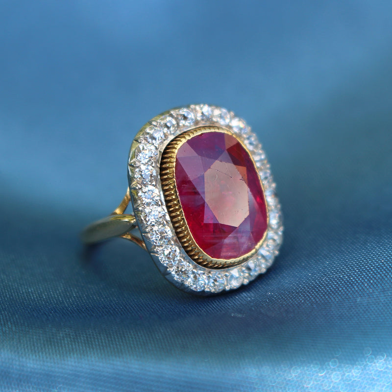18ct Yellow and White Gold Antique Ruby and Diamond Halo Ring