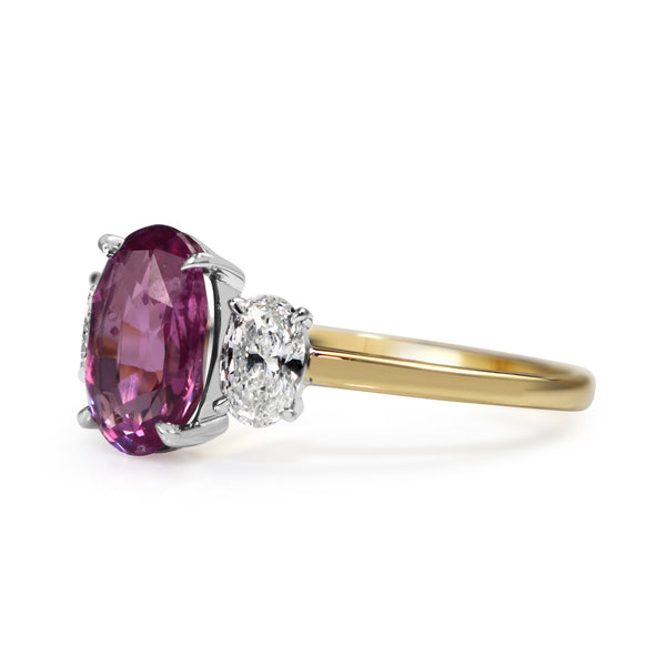 18ct Yellow and White Gold Oval Pink Sapphire and Diamond 3 Stone Ring