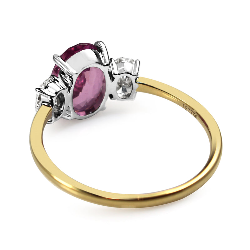 18ct Yellow and White Gold Oval Pink Sapphire and Diamond 3 Stone Ring