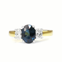 18ct Yellow and White Gold Oval 2.00 Sapphire and Diamond 3 Stone Ring