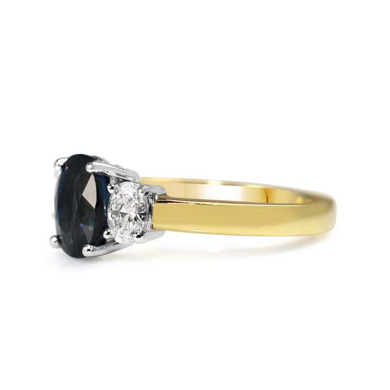 18ct Yellow and White Gold Oval 2.00 Sapphire and Diamond 3 Stone Ring