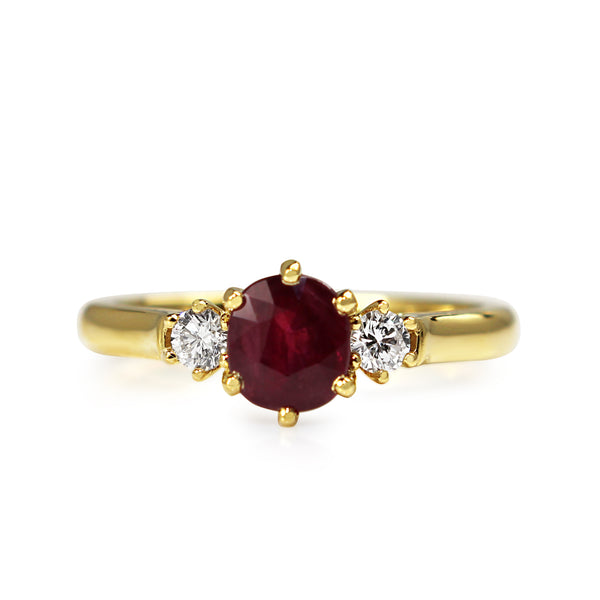 18ct Yellow Gold Ruby and Diamond 3 Stone Ring