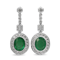 18ct White Gold Deco Style Emerald and DIamond Drop Earrings