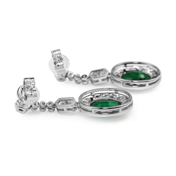 18ct White Gold Deco Style Emerald and DIamond Drop Earrings
