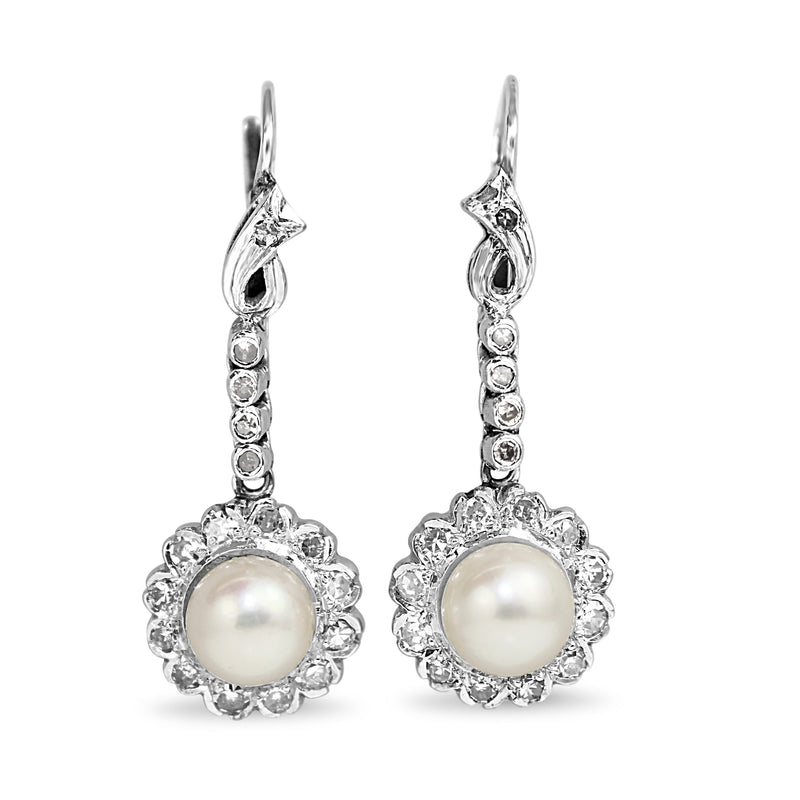 Palladium Art Deco Pearl and Diamond Daisy Drop Earrings