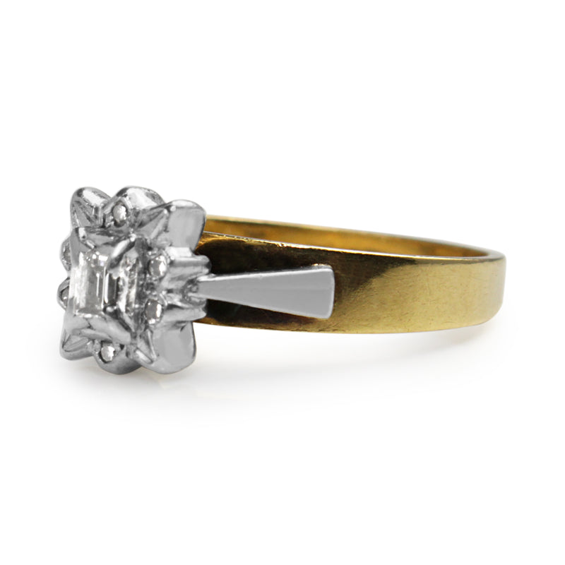 18ct Yellow and White Gold Baguette Diamond Halo Ring