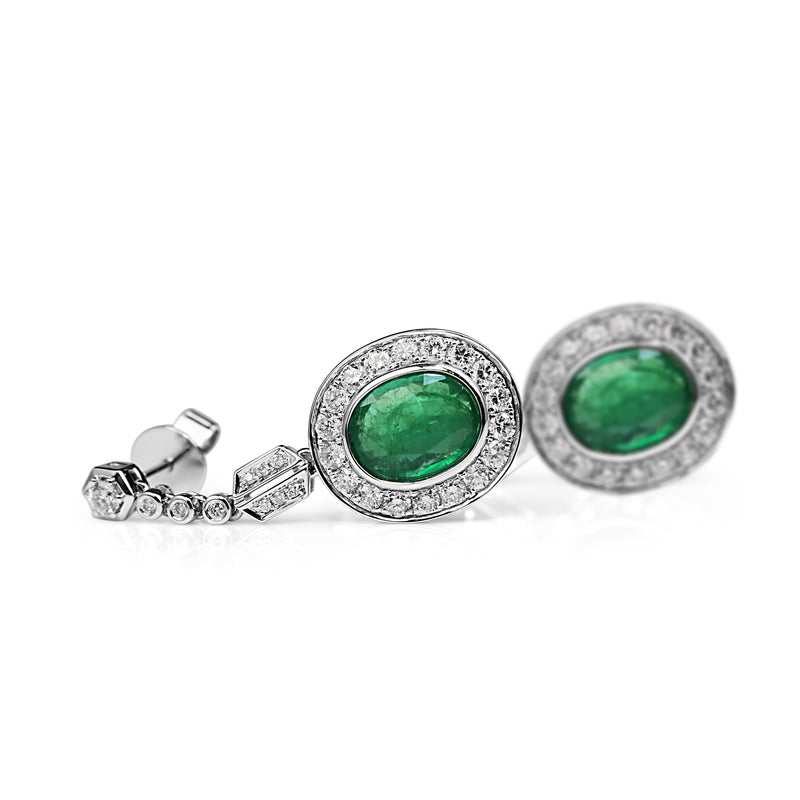 18ct White Gold Deco Style Emerald and DIamond Drop Earrings