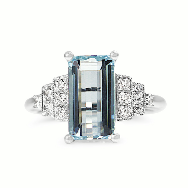 18ct White Gold Deco Style Aquamarine and Diamond Ring