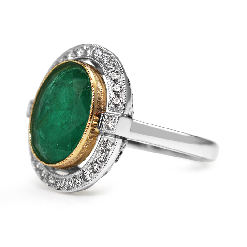 18ct Yellow and White Gold Deco Style 3.70 Emerald and Diamond Halo Ring