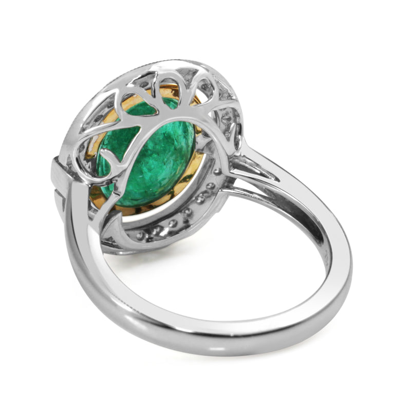 18ct Yellow and White Gold Deco Style 3.70 Emerald and Diamond Halo Ring