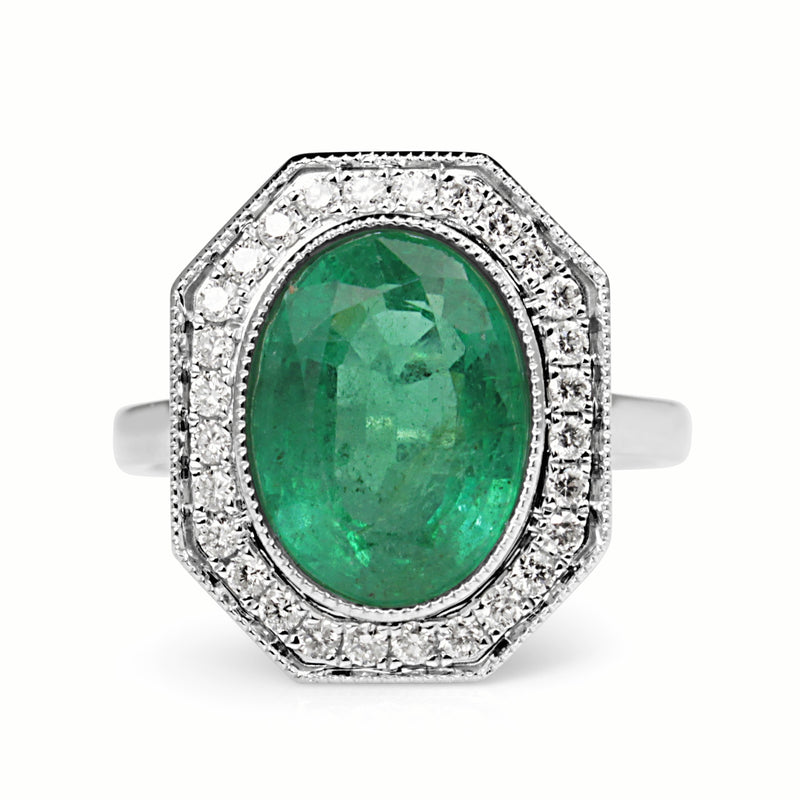 18ct White Gold Emerald and Diamond Art Deco Style Halo Ring