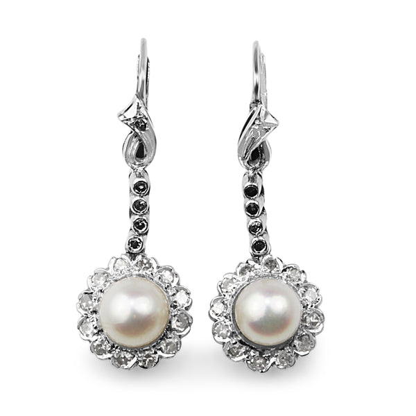 Palladium Art Deco Pearl and Diamond Daisy Drop Earrings