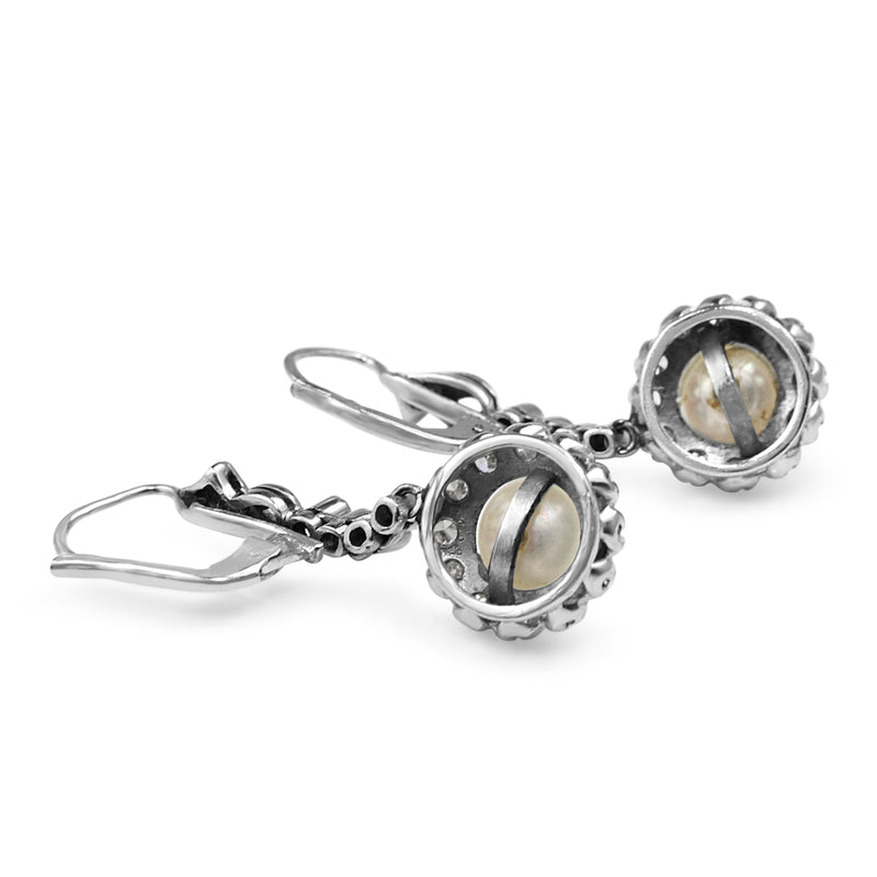 Palladium Art Deco Pearl and Diamond Daisy Drop Earrings