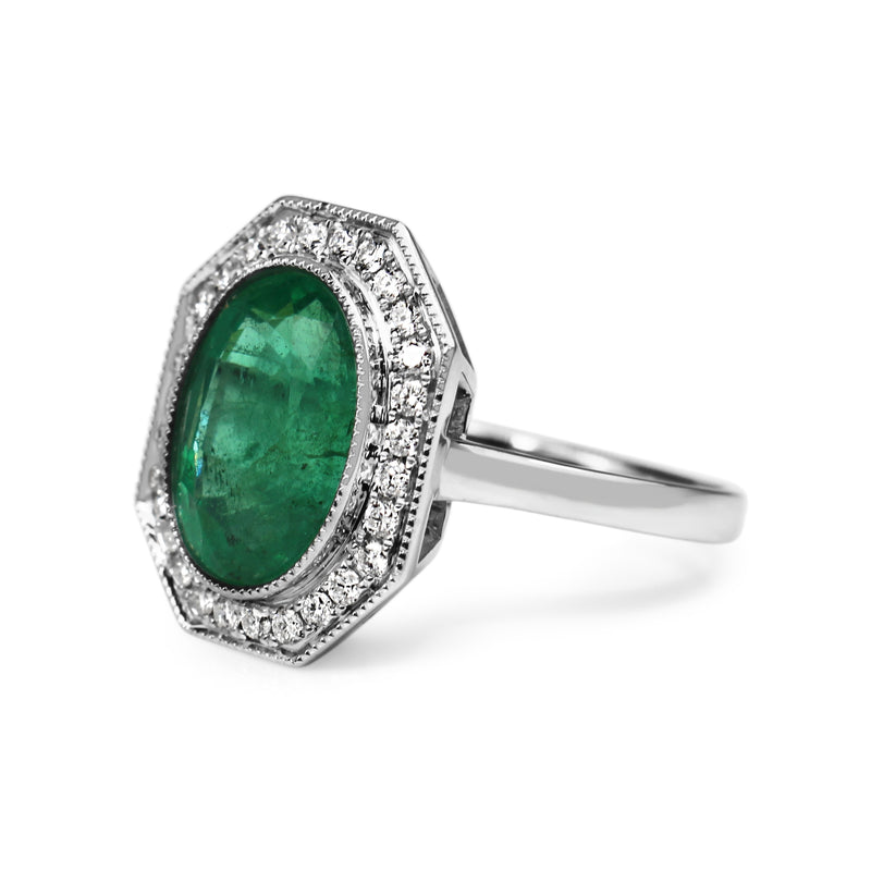 18ct White Gold Emerald and Diamond Art Deco Style Halo Ring