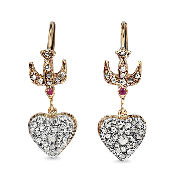 9ct Rose Gold and Silver Topped Antique Rose Cut Diamond and Ruby Heart and Swallow Earrings