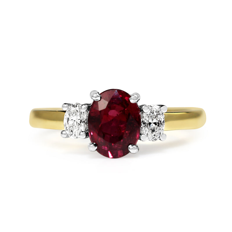 18ct Yellow and White Gold Oval Ruby and Diamond 3 Stone Ring