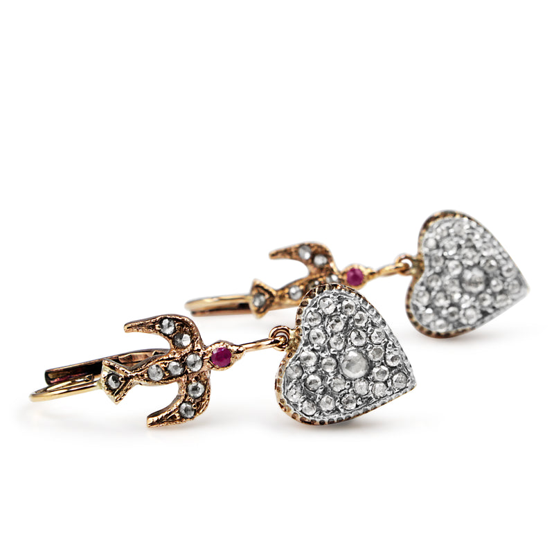 9ct Rose Gold and Silver Topped Antique Rose Cut Diamond and Ruby Heart and Swallow Earrings