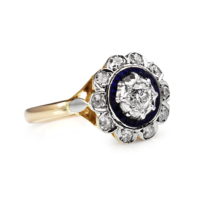 18ct Yellow and White Gold Deco Old Cut Diamond and Enamel Daisy Ring