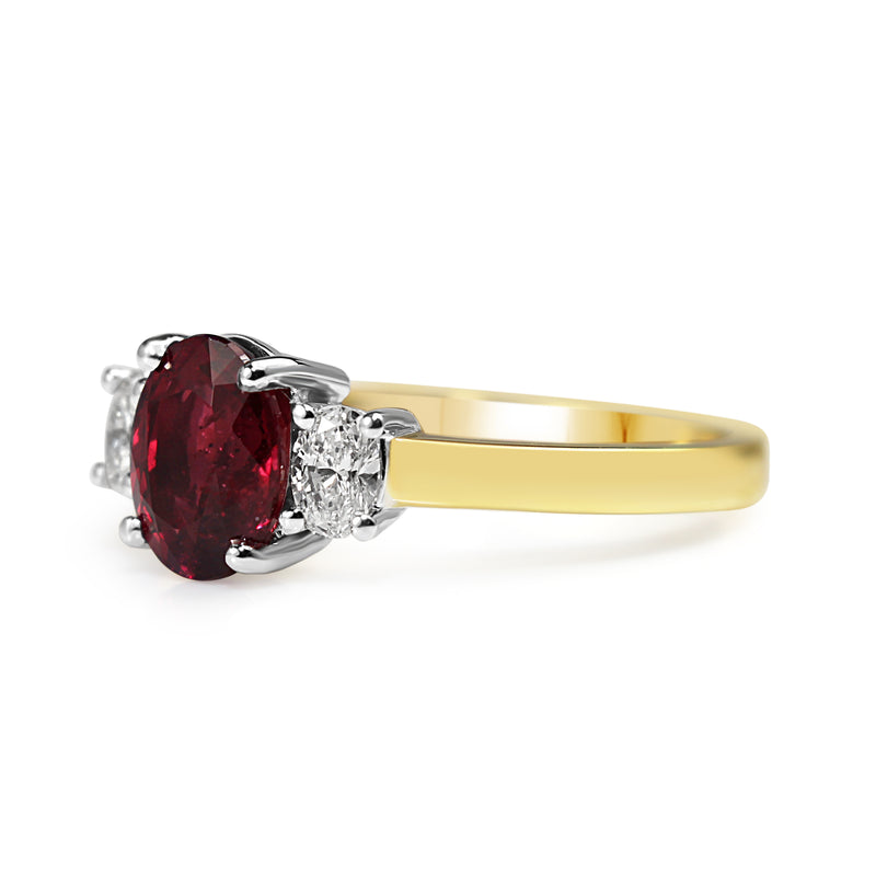 18ct Yellow and White Gold Oval Ruby and Diamond 3 Stone Ring